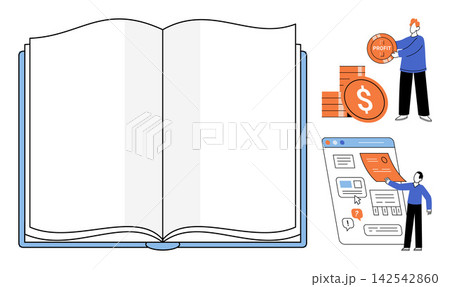 Open book with business growth and financial planning elements vector illustration. Investment, profit, strategy, education, marketing, development. Blank pages with money and data icons Open book with business growth and financial planning elements vector illustration. Investment, profit, strategy, education, marketing, development. Blank pages with money and data icons 142542860