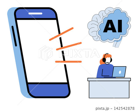 Smartphone with AI brain and support agent vector illustration. Technical assistance, digital communication, machine learning, remote service, automated help, virtual consultation. Phone Smartphone with AI brain and support agent vector illustration. Technical assistance, digital communication, machine learning, remote service, automated help, virtual consultation. Phone 142542878