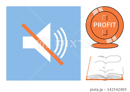 Mute sound icon, profit coin, and open book vector illustration. Business finance, education, media settings, silent mode, investment growth, knowledge learning. Speaker crossed out, currency token 142542905