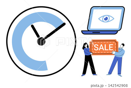 Clock laptop and people holding a sale sign vector illustration. E-commerce, time management, digital marketing, consumer behavior, retail strategy, seasonal promotion. Chronometer computer 142542908