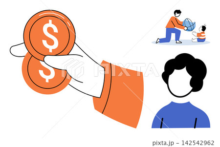 Hand holding dollar coins, father with child, and portrait avatar vector illustration. Savings, investment, parenting, family budget, wealth management, personal growth. Currency and people Hand holding dollar coins, father with child, and portrait avatar vector illustration. Savings, investment, parenting, family budget, wealth management, personal growth. Currency and people 142542962
