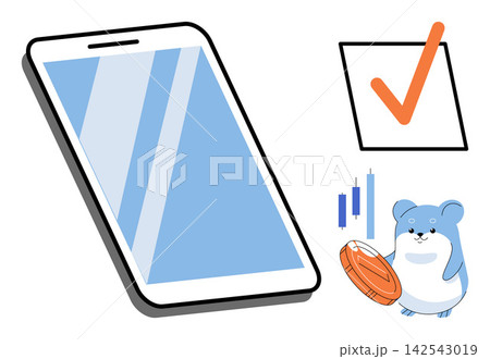 Smartphone with checkmark and hamster holding coin vector illustration. Finance, cryptocurrency, investment, mobile trading, digital wallet, success. Cellphone with tick and rodent investor Smartphone with checkmark and hamster holding coin vector illustration. Finance, cryptocurrency, investment, mobile trading, digital wallet, success. Cellphone with tick and rodent investor 142543019