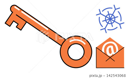 Orange key with an email envelope and network icon vector illustration. Cybersecurity, data protection, digital communication, internet privacy, secure access, information technology. Unlock tool Orange key with an email envelope and network icon vector illustration. Cybersecurity, data protection, digital communication, internet privacy, secure access, information technology. Unlock tool 142543068