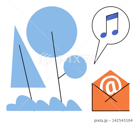Abstract nature landscape with trees and an email icon with a music note vector illustration. Communication, digital media, environment, messaging, creativity, technology. Modern graphic design 142543104