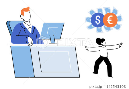 Businessman at desk with money symbols and happy employee vector illustration. Corporate finance, career growth, salary increase, business management, professional success, wealth. Office worker at Businessman at desk with money symbols and happy employee vector illustration. Corporate finance, career growth, salary increase, business management, professional success, wealth. Office worker at 142543108