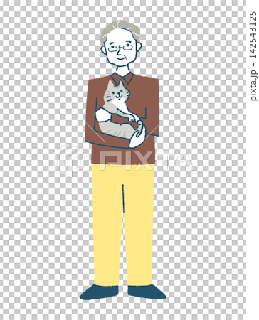 A smiling senior man holding a cat. A smiling senior man holding a cat. 142543125