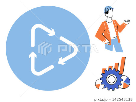 Industrial engineering process and workflow management vector illustration. Sustainability, production efficiency, construction planning, resource optimization, business growth, project development Industrial engineering process and workflow management vector illustration. Sustainability, production efficiency, construction planning, resource optimization, business growth, project development 142543139