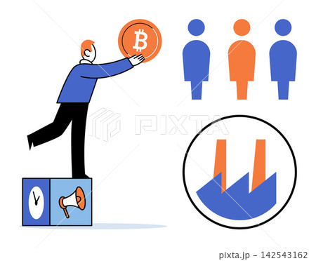 Businessman holding a bitcoin coin near factory and people icons vector illustration. Cryptocurrency, finance, investment, blockchain, marketing, industrial growth. Man with digital currency 142543162