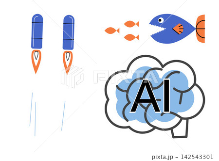 Rocket launch and big fish eating small fish with brain AI icon vector illustration. Innovation, competition, business strategy, machine learning, market disruption, technology growth. Startup Rocket launch and big fish eating small fish with brain AI icon vector illustration. Innovation, competition, business strategy, machine learning, market disruption, technology growth. Startup 142543301