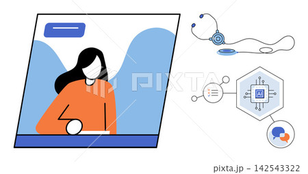Woman doctor using digital technology vector illustration. Medical innovation, machine learning, remote diagnostics, healthcare automation, data analysis, patient care. Physician utilizing AI Woman doctor using digital technology vector illustration. Medical innovation, machine learning, remote diagnostics, healthcare automation, data analysis, patient care. Physician utilizing AI 142543322
