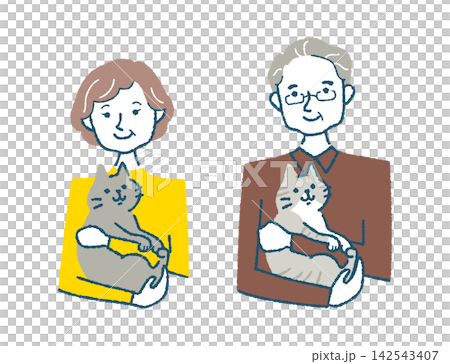 A smiling senior woman and senior man couple holding a cat. 142543407