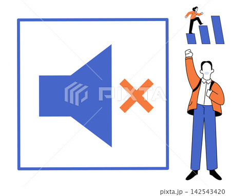 Mute sound icon and successful person climbing growth chart vector illustration. Silence, business growth, achievement, career development, mute mode, professional success. Speaker off symbol and man Mute sound icon and successful person climbing growth chart vector illustration. Silence, business growth, achievement, career development, mute mode, professional success. Speaker off symbol and man 142543420
