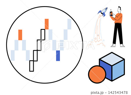 A man launching a rocket with data charts and geometric shapes vector illustration. Innovation, startup, business growth, digital marketing, project management, success. Entrepreneur starting A man launching a rocket with data charts and geometric shapes vector illustration. Innovation, startup, business growth, digital marketing, project management, success. Entrepreneur starting 142543478