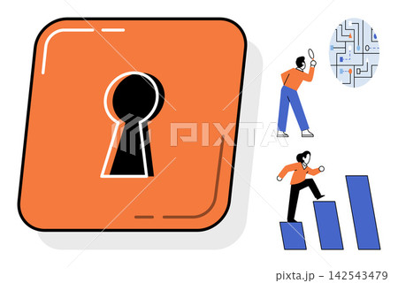 People solving problems and climbing stairs vector illustration. Business growth, career development, data analysis, strategic planning, success, goal achievement. Professionals finding solutions 142543479