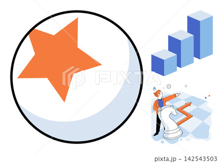 Business strategy and performance growth vector illustration. Success, achievement, planning, leadership, development, marketing. Strategic management concept with chess piece and bar chart Business strategy and performance growth vector illustration. Success, achievement, planning, leadership, development, marketing. Strategic management concept with chess piece and bar chart 142543503