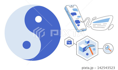 Yin yang symbol with smartphone messaging and data mining icons vector illustration. Balance, communication, business strategy, digital analysis, harmony, research. Dualism sign with mobile chat Yin yang symbol with smartphone messaging and data mining icons vector illustration. Balance, communication, business strategy, digital analysis, harmony, research. Dualism sign with mobile chat 142543523