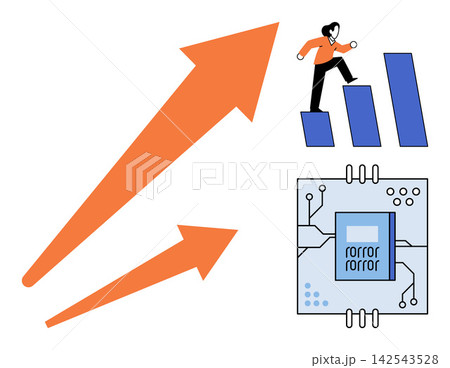 Business growth and technology development vector illustration. Career advancement, digital transformation, financial success, innovation, data processing, corporate strategy. Professional progress 142543528