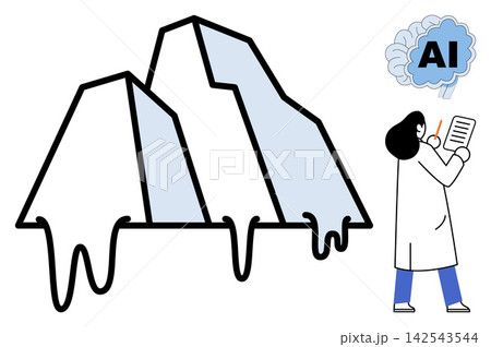 Scientist observing a melting iceberg with an artificial intelligence brain icon vector illustration. Climate change, global warming, environmental research, data analysis, ecology, science Scientist observing a melting iceberg with an artificial intelligence brain icon vector illustration. Climate change, global warming, environmental research, data analysis, ecology, science 142543544
