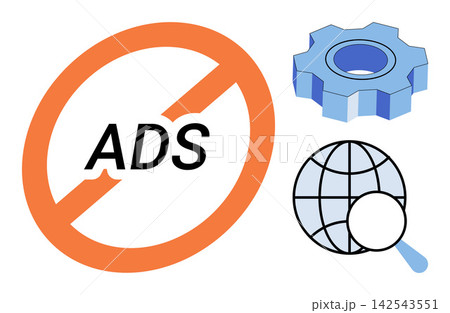 No ads sign with gear and globe search icons vector illustration. Digital marketing, internet security, web development, content filtering, data privacy, browser settings. Blocked advertising 142543551