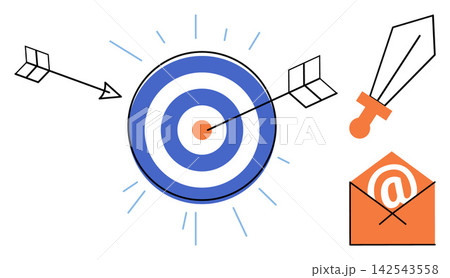 Target with arrow sword and email icon vector illustration. Marketing strategy, digital communication, goal achievement, business competition, sales outreach, project planning. Bullseye 142543558