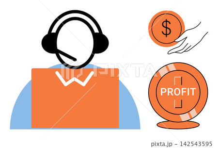 Customer support agent with headset and financial profit icons vector illustration. Business, finance, communication, investment, earnings, customer service. Operator wearing headphones with money 142543595