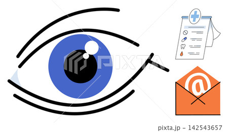 Human eye icon with medical checklist and email envelope vector illustration. Ophthalmology, patient records, digital communication, healthcare monitoring, online consultation, data privacy. Vision Human eye icon with medical checklist and email envelope vector illustration. Ophthalmology, patient records, digital communication, healthcare monitoring, online consultation, data privacy. Vision 142543657