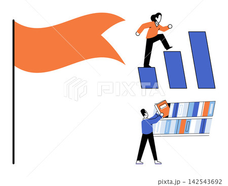 People climbing a bar chart and organizing books near a flag vector illustration. Career development, professional growth, academic success, goal achievement, knowledge acquisition, productivity 142543692