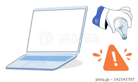 Laptop computer with a hand holding a light bulb and a warning sign vector illustration. Innovation, problem solving, technical support, digital troubleshooting, creative ideas, maintenance. Notebook Laptop computer with a hand holding a light bulb and a warning sign vector illustration. Innovation, problem solving, technical support, digital troubleshooting, creative ideas, maintenance. Notebook 142543797