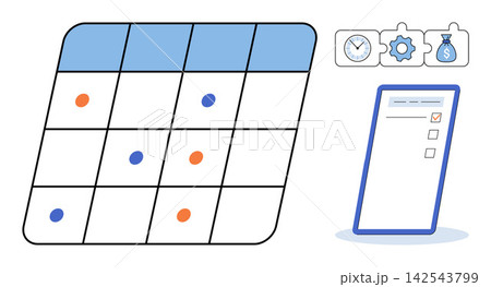 A project schedule grid with task icons and a mobile checklist vector illustration. Productivity, time management, business planning, workflow organization, task tracking, efficiency. Planning 142543799