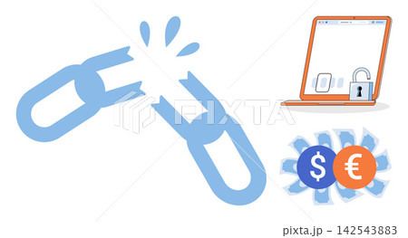 Broken chain link with laptop and currency symbols vector illustration. Cybersecurity, data breach, financial loss, digital theft, online fraud, system vulnerability. Severed connection computer Broken chain link with laptop and currency symbols vector illustration. Cybersecurity, data breach, financial loss, digital theft, online fraud, system vulnerability. Severed connection computer 142543883