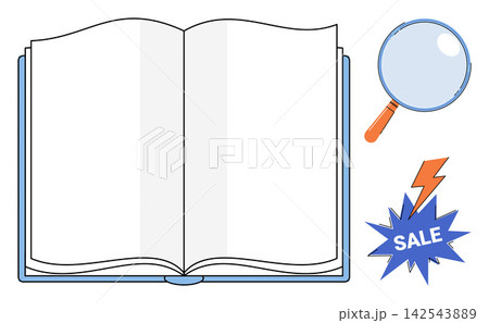 Open book with magnifying glass and sale flash icon vector illustration. Education, shopping, research, discount, literature, marketing. Blank pages with lens and promotional burst symbol Open book with magnifying glass and sale flash icon vector illustration. Education, shopping, research, discount, literature, marketing. Blank pages with lens and promotional burst symbol 142543889
