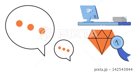Speech bubbles with computer desk and diamond award vector illustration. Customer support, professional feedback, quality assurance, digital service, business excellence, online communication. Chat Speech bubbles with computer desk and diamond award vector illustration. Customer support, professional feedback, quality assurance, digital service, business excellence, online communication. Chat 142543944