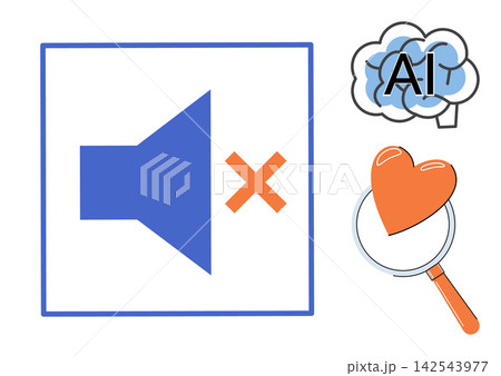 Mute sound icon with artificial intelligence brain and heart magnifying glass vector illustration. Technology, digital empathy, sentiment analysis, machine learning, data privacy, emotion. Silent 142543977