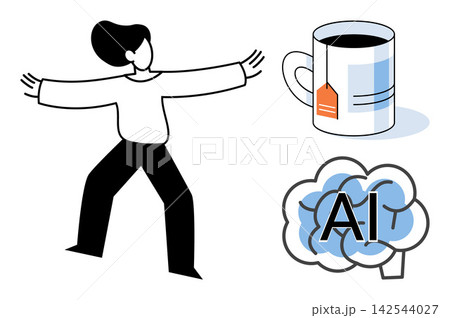 Person balancing with tea and artificial intelligence brain vector illustration. Productivity, work life balance, mental health, technology, mindfulness, cognitive focus. Human equilibrium 142544027