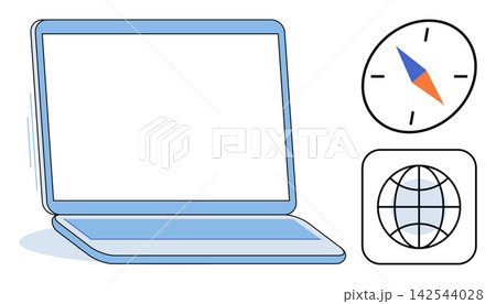 Laptop computer with compass and globe icons vector illustration. Travel planning, digital navigation, global communication, remote work, internet research, geography study. Notebook with map tools 142544028