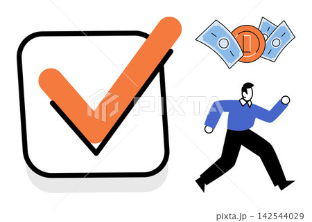 Checkmark icon with a running businessman and currency vector illustration. Financial growth, career success, goal achievement, profit increase, task completion, business efficiency. Verified sign 142544029
