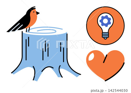 Bird on tree stump with lightbulb and heart icons vector illustration. Nature, ecology, innovation, love, creativity, environment, biology, growth. Avian animal on wood log with gear lamp 142544030