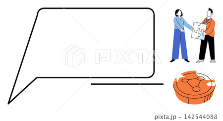 Business people connecting puzzle pieces with a large speech bubble vector illustration. Teamwork, problem solving, collaboration, communication, strategy, partnership. Colleagues joining jigsaw 142544088