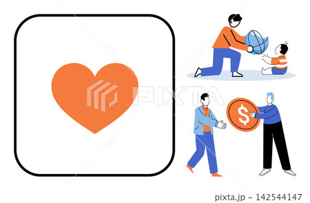 People helping others and heart icon vector illustration. Donation, philanthropy, social support, community care, financial aid, volunteering. Characters assisting and giving to society People helping others and heart icon vector illustration. Donation, philanthropy, social support, community care, financial aid, volunteering. Characters assisting and giving to society 142544147