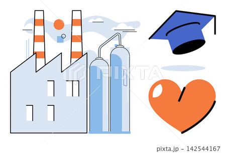 Industrial factory building with graduation cap and heart symbol vector illustration. Education, manufacturing, corporate social responsibility, career development, sustainability, philanthropy 142544167