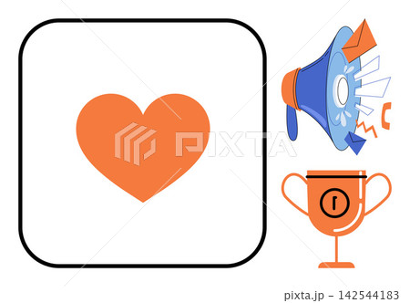 Heart megaphone and trophy icons vector illustration. Marketing strategy, digital communication, brand loyalty, customer feedback, achievement, social media growth. Love symbol loudspeaker award Heart megaphone and trophy icons vector illustration. Marketing strategy, digital communication, brand loyalty, customer feedback, achievement, social media growth. Love symbol loudspeaker award 142544183