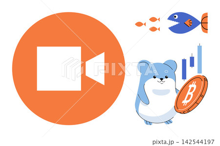 Hamster holding a bitcoin coin with a video camera icon and fish vector illustration. Cryptocurrency, financial investment, digital trading, market growth, online content, business strategy. Rodent Hamster holding a bitcoin coin with a video camera icon and fish vector illustration. Cryptocurrency, financial investment, digital trading, market growth, online content, business strategy. Rodent 142544197