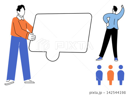 People holding a large puzzle piece and standing near icons vector illustration. Teamwork, problem solving, strategy, business growth, partnership, corporate planning. Colleagues connecting pieces 142544198