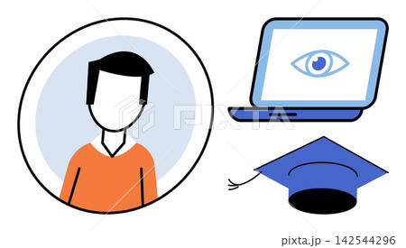 Student with laptop and graduation cap vector illustration. Remote learning, digital education, academic achievement, online courses, knowledge acquisition, virtual classroom. Pupil with computer 142544296