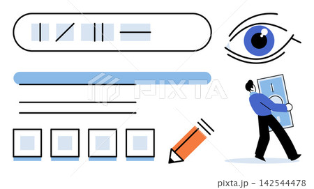 Digital interface elements with a user eye and a person carrying money vector illustration. Web development, user experience, financial growth, visual perception, investment, graphic design. UI Digital interface elements with a user eye and a person carrying money vector illustration. Web development, user experience, financial growth, visual perception, investment, graphic design. UI 142544478