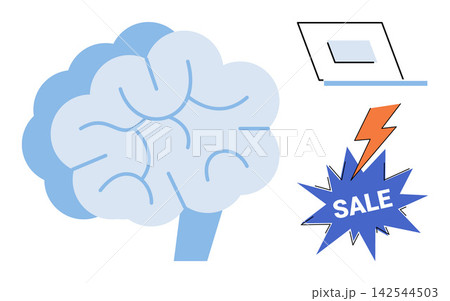 Human brain icon with laptop and sale flash symbol vector illustration. E-commerce, digital marketing, consumer behavior, cognitive science, online shopping, brain power. Mental organ graphic 142544503
