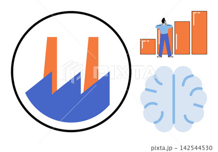 Factory icon, bar chart with person, and human brain vector illustration. Productivity, manufacturing, economic growth, mental development, industrial progress, creative thinking. Plant symbol Factory icon, bar chart with person, and human brain vector illustration. Productivity, manufacturing, economic growth, mental development, industrial progress, creative thinking. Plant symbol 142544530