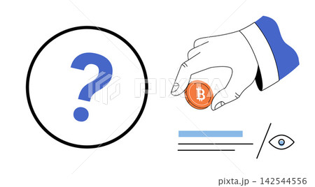 Hand holding a bitcoin coin next to a question mark symbol vector illustration. Financial risk, crypto trading, market volatility, investment strategy, digital currency, economic forecast. Investor 142544556