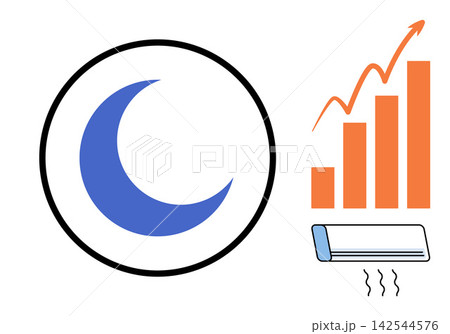 Crescent moon icon next to a rising bar chart and air conditioner unit vector illustration. Energy efficiency, cooling costs, utility bills, climate control, power usage, night mode. Nocturnal 142544576