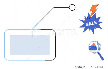 Digital tablet with sale notification and magnifying glass vector illustration. E-commerce, online shopping, marketing, discount, retail, consumer behavior. Electronic screen with price alert Digital tablet with sale notification and magnifying glass vector illustration. E-commerce, online shopping, marketing, discount, retail, consumer behavior. Electronic screen with price alert 142544618